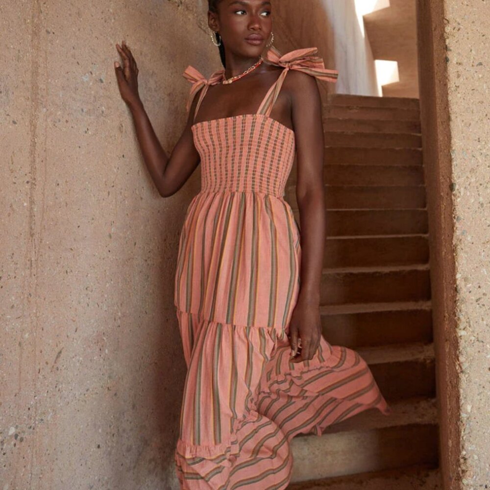XiRENA Coral and Green Striped Midi Dress